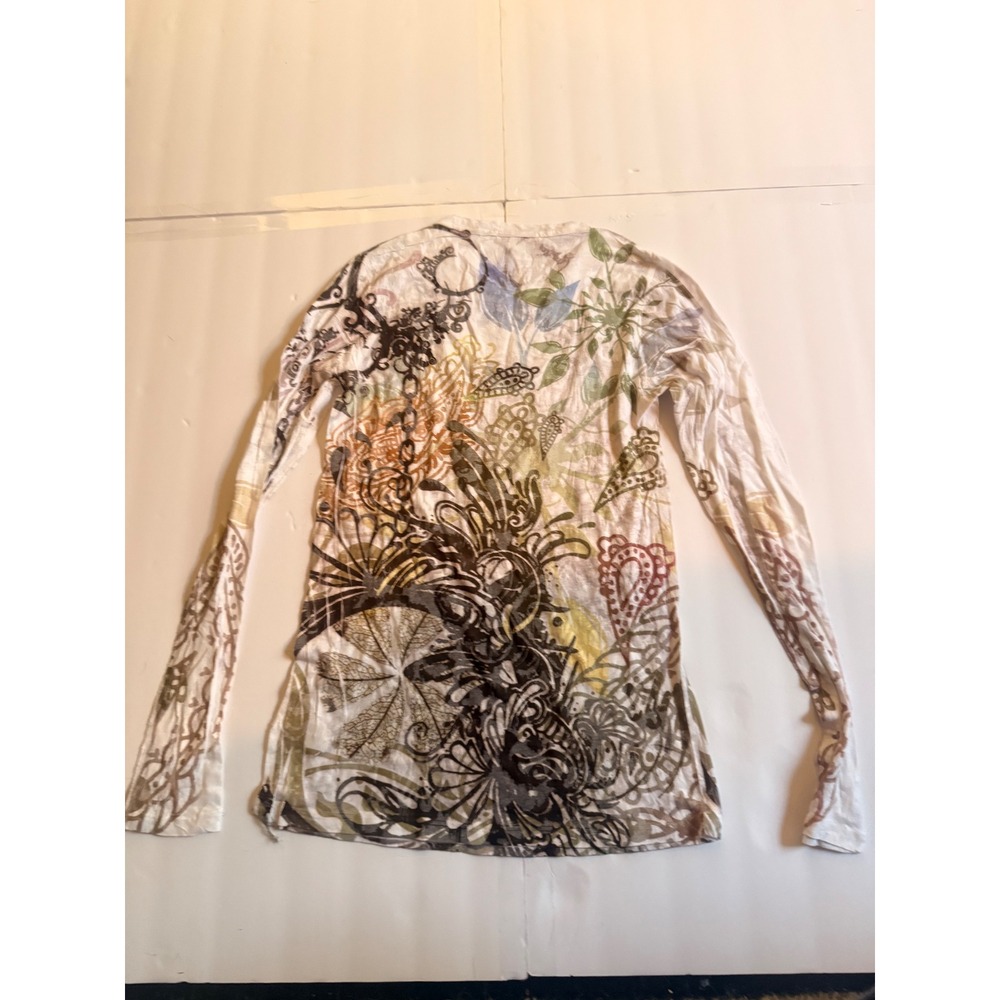 F21 2010 Women Graphic Print Top White Floral Abstract Boho Crew Neck S